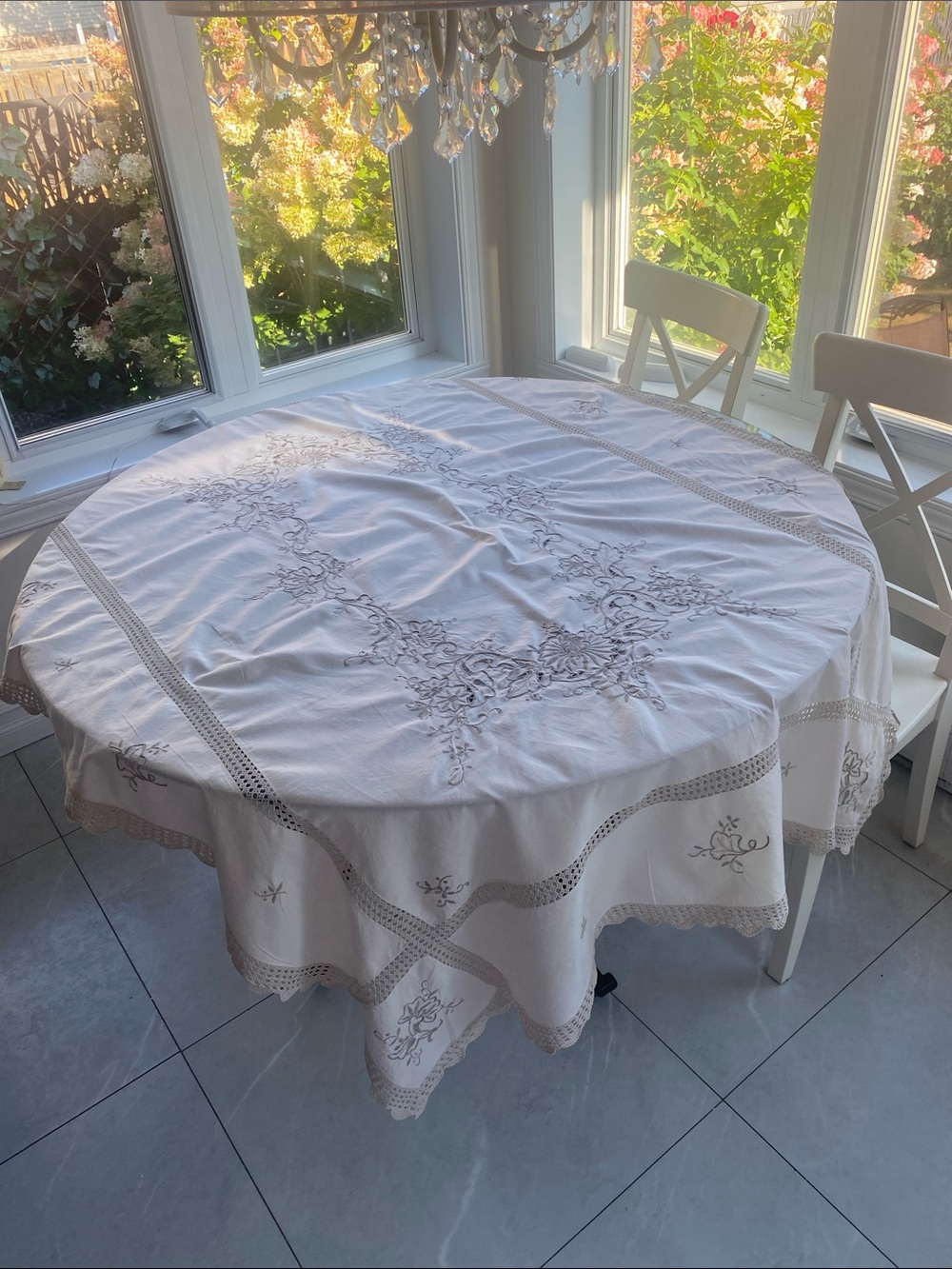 Cream Embroidered Square Cotton Tablecloth w Lace Trim Size L: 67” x W: 50”